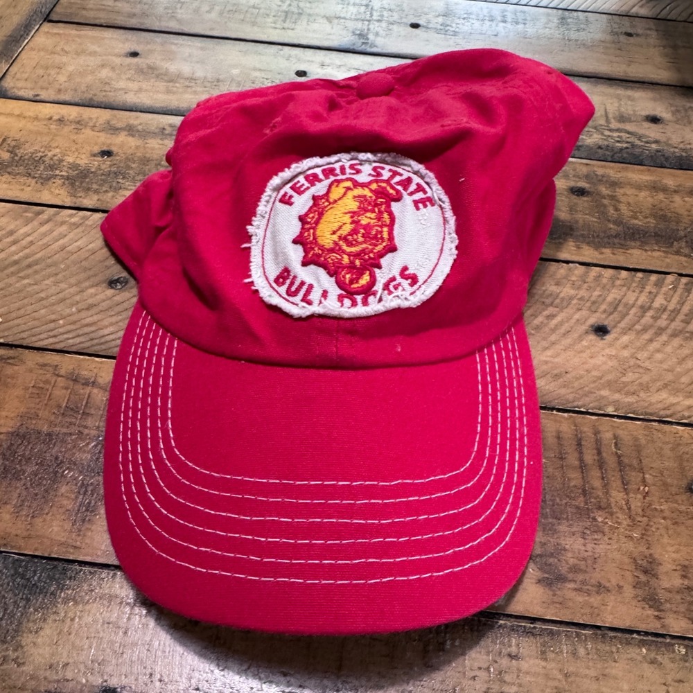 Captivating Headwear Ferris State Bulldogs Hat Mens OSFA Red Solid Dad Cap Patch